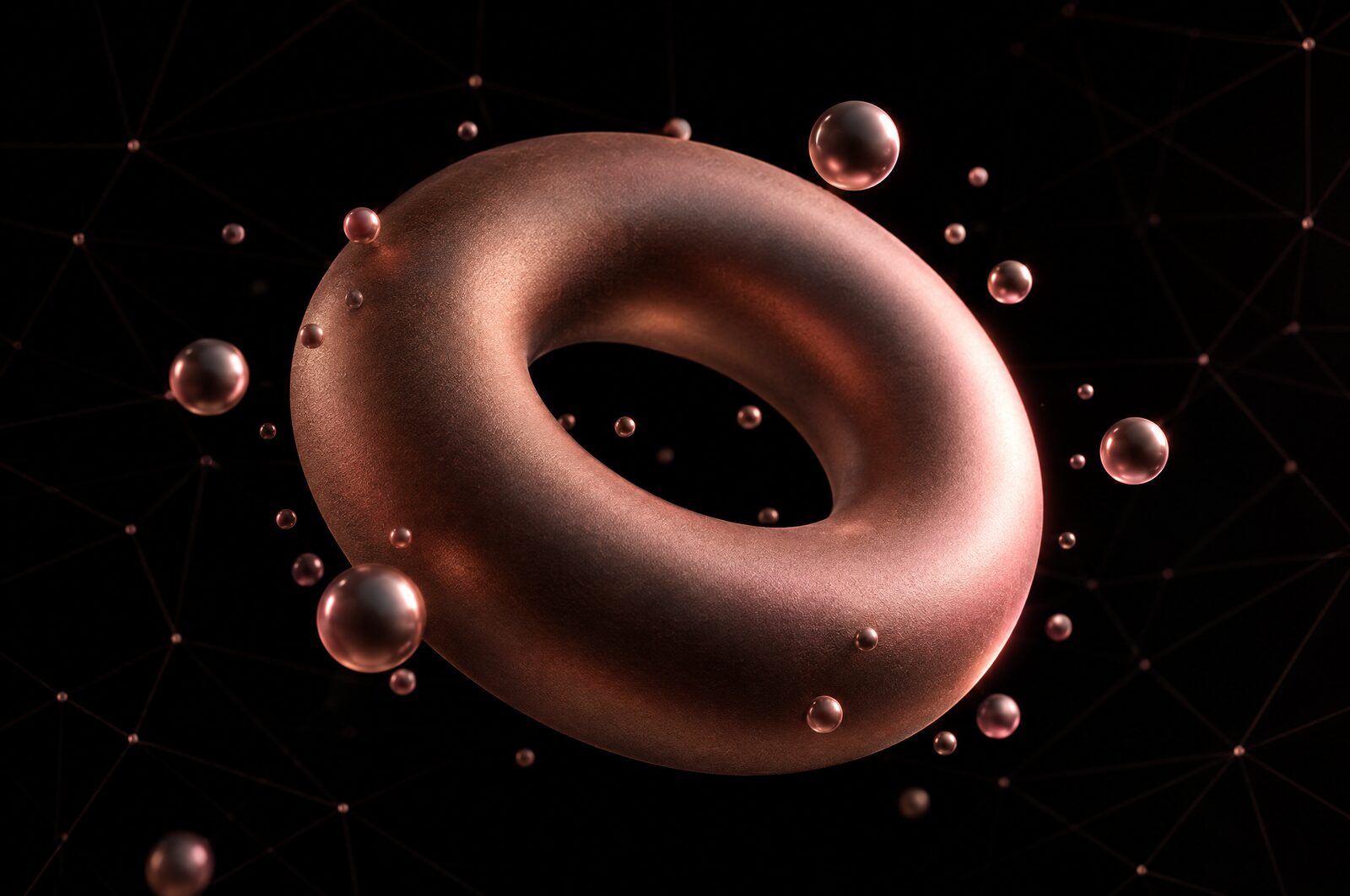 Toroide in 3D rosa oro con sfere sospese su fondo nero